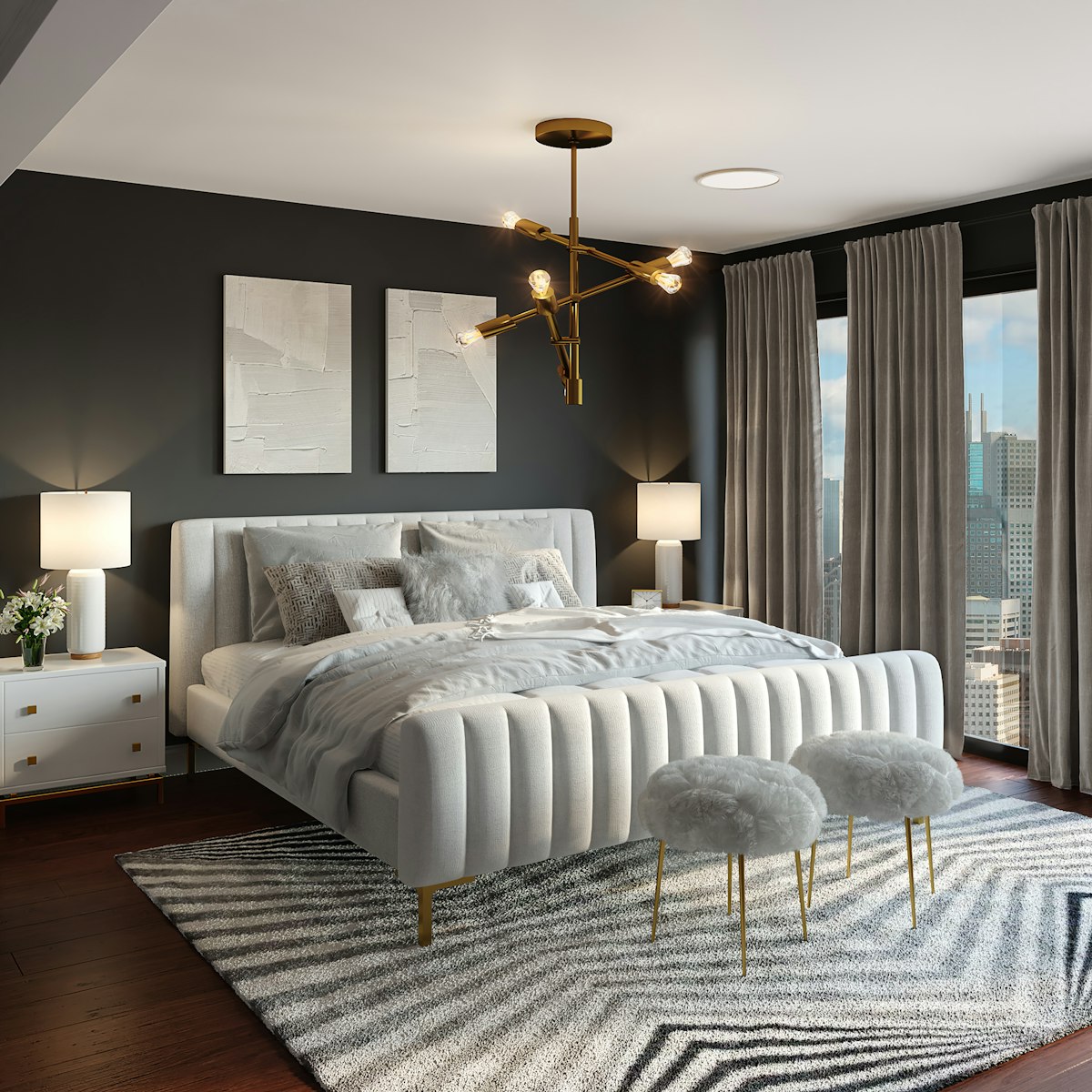 Serene staged bedroom with crisp white linens, soft accent pillows, and a neatly made bed